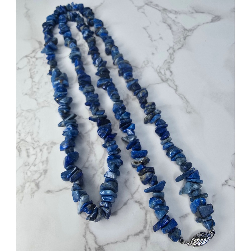 Vintage Lapis Lazuli Chip Bead Necklace 36 Inch Sterling Silver 925 Clasp Blue